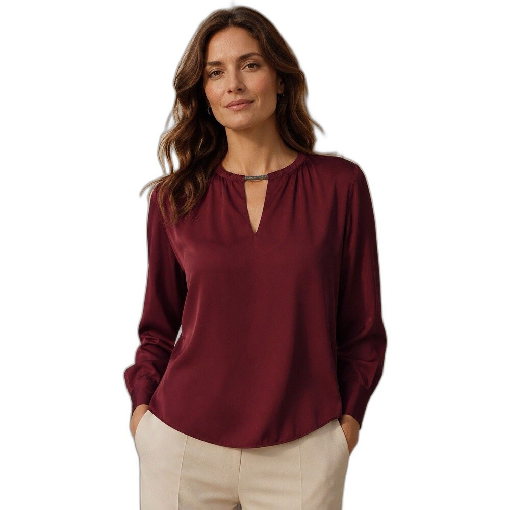 Brunello Cucinelli Burgundy Stretch Silk Monili Keyhole Blouse Top 3XL Italy